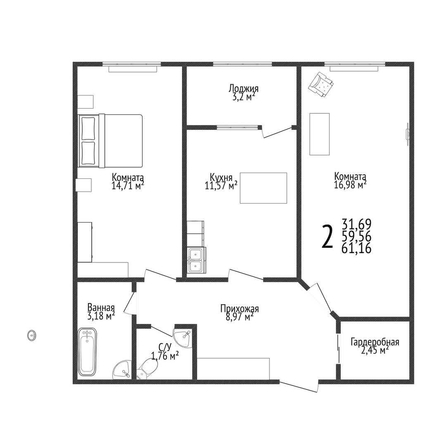 
   Продам 2-комнатную, 60.1 м², Зиповская ул, 38

. Фото 1.