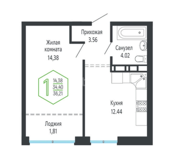 
   Продам 1-комнатную, 36.21 м², Обрывная ул, 4

. Фото 1.