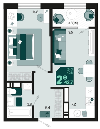 
   Продам 2-комнатную, 42.7 м², Первое место, квартал 1.10, литер 2

. Фото 6.