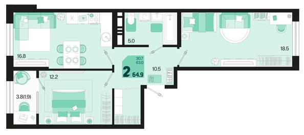 
   Продам 2-комнатную, 64.9 м², Первое место, квартал 1.1, литер 2

. Фото 6.