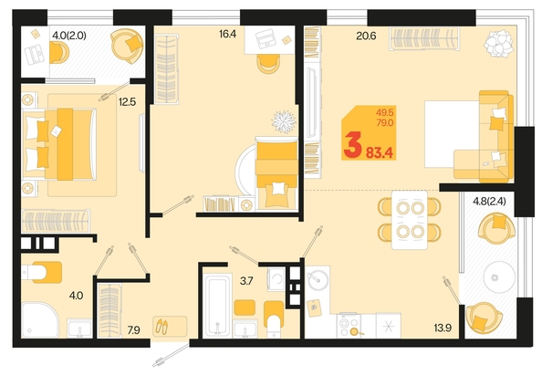 
   Продам 3-комнатную, 83.4 м², Первое место, квартал 1.2, литер 2

. Фото 12.