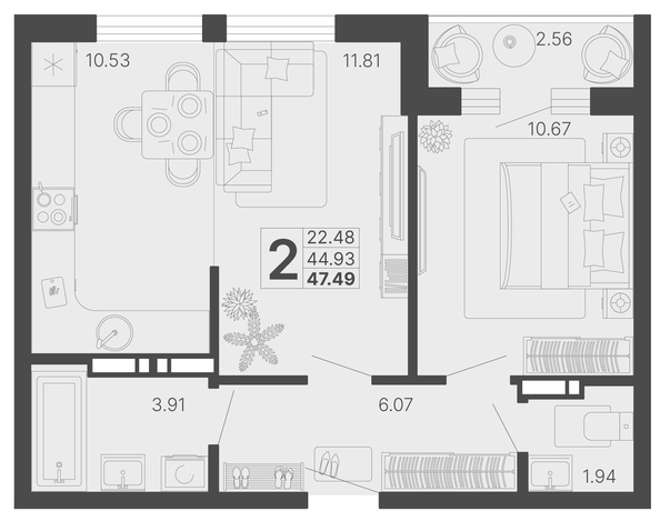 
   Продам 2-комнатную, 46.21 м², Светский лес, литер 4

. Фото 6.