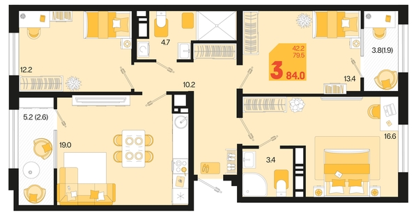 
   Продам 3-комнатную, 84 м², Первое место, квартал 1.6, литер 1

. Фото 6.