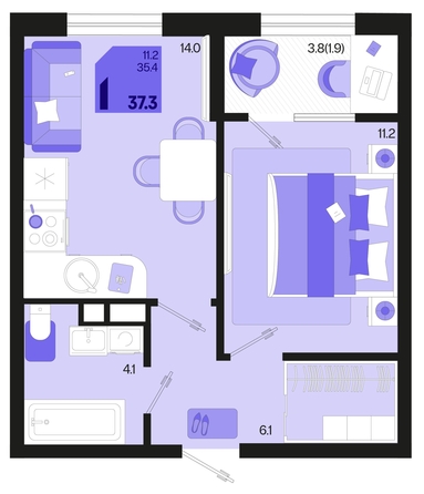 
   Продам 1-комнатную, 37.3 м², Первое место, квартал 1.6, литер 1

. Фото 6.