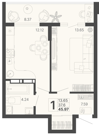 
   Продам 1-комнатную, 41.79 м², Светский лес, литер 3

. Фото 6.