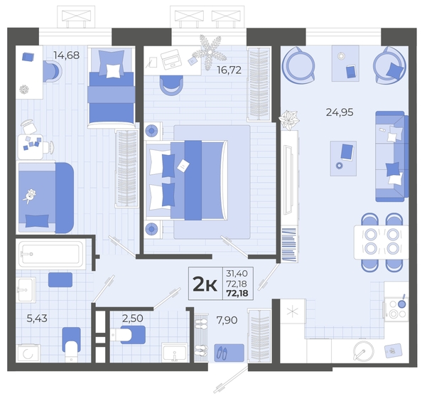 
   Продам 2-комнатную, 72.18 м², Высочество, литера 2

. Фото 4.