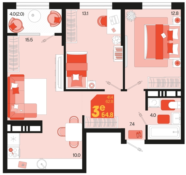 
   Продам 3-комнатную, 64.8 м², Первое место, квартал 1.10 литер 1

. Фото 6.