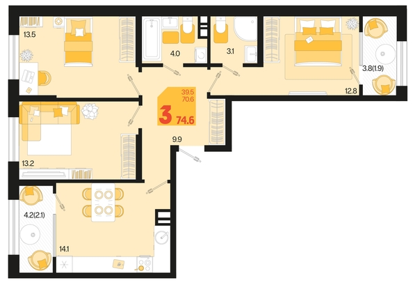 
   Продам 3-комнатную, 74.6 м², Первое место, квартал 1.4, литер 2

. Фото 6.