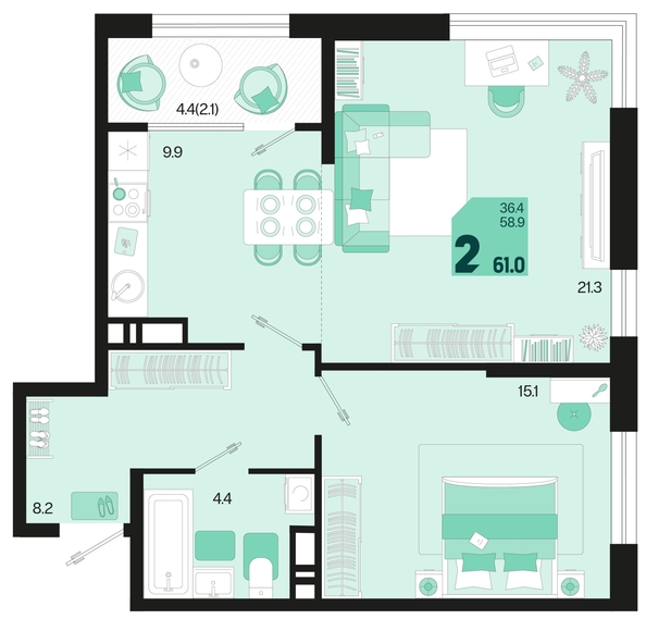 
   Продам 2-комнатную, 61 м², Первое место, квартал 1.3, литер 1

. Фото 6.