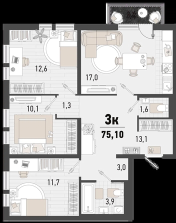 
   Продам 3-комнатную, 75.1 м², Барса, 1В литер

. Фото 6.