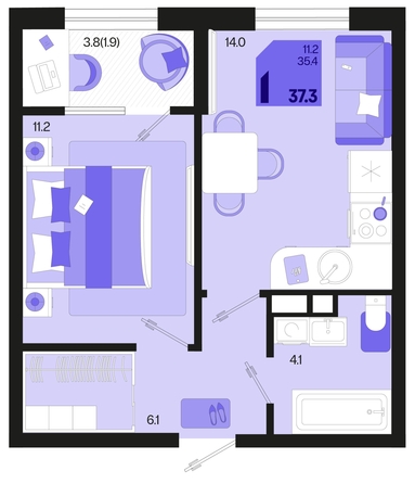 
   Продам 1-комнатную, 37.3 м², Первое место, квартал 1.3, литер 2

. Фото 6.