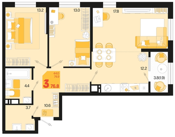 
   Продам 3-комнатную, 76.8 м², Первое место, квартал 1.1, литер 1

. Фото 6.