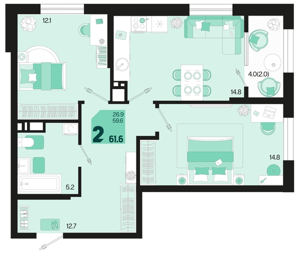 
   Продам 2-комнатную, 61.6 м², Первое место, квартал 1.1, литер 1

. Фото 6.