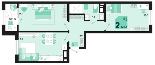 
   Продам 2-комнатную, 60.3 м², Первое место, квартал 1.10 литер 1

. Фото 6.