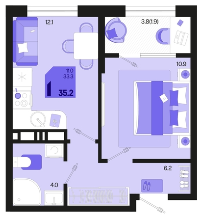 
   Продам 1-комнатную, 35.2 м², Первое место, квартал 1.3, литер 2

. Фото 6.