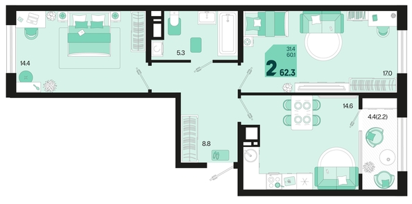 
   Продам 2-комнатную, 62.3 м², Первое место, квартал 1.4, литер 2

. Фото 6.