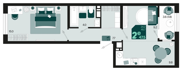 
   Продам 2-комнатную, 47.5 м², Первое место, квартал 1.6, литер 1

. Фото 6.