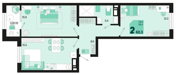 
   Продам 2-комнатную, 60.3 м², Первое место, квартал 1.6, литер 1

. Фото 6.