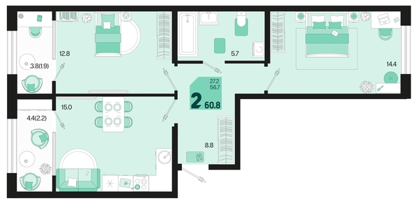 
   Продам 2-комнатную, 60.8 м², Первое место, квартал 1.4, литер 2

. Фото 6.