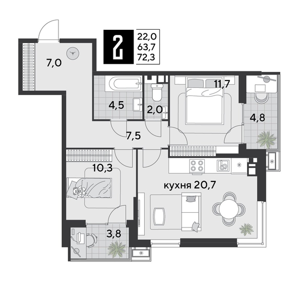 
  Продается 2-комн. квартира, 72.3 м², ЖК Парк Победы 2, литера 19
. Фото 1.
