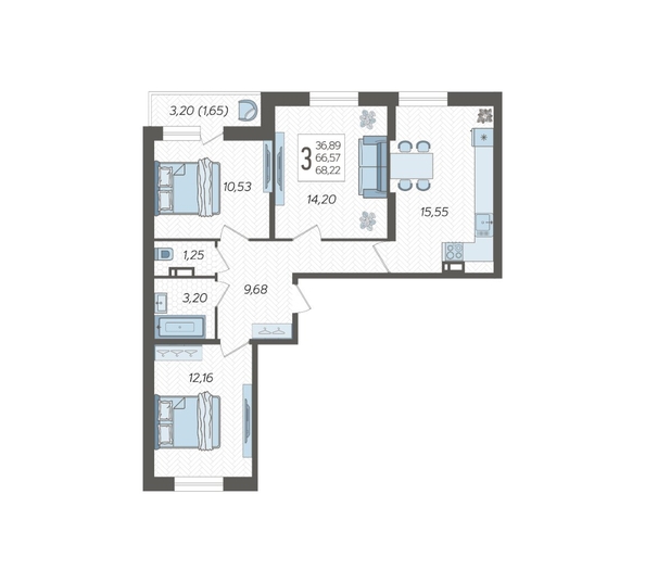 
  Продается 3-комн. квартира, 68.22 м², ЖК Смородина, литера 17
. Фото 2.