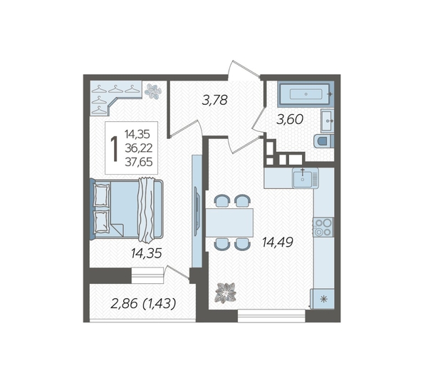 
  Продается 1-комн. квартира, 37.65 м², ЖК Смородина, литера 18
. Фото 2.