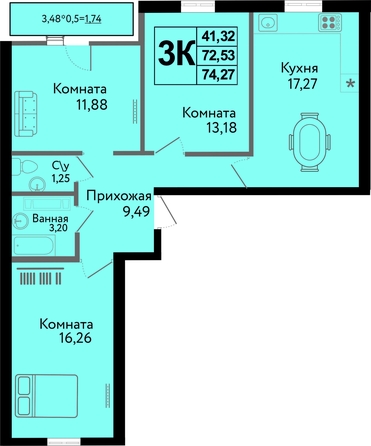 
  Продается 3-комн. квартира, 74.27 м², ЖК Друг, литера 7
. Фото 1.