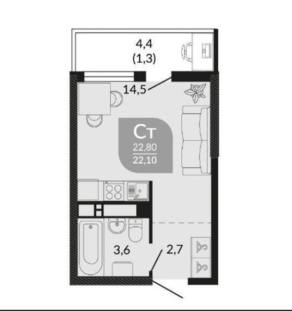 
  Продается студия, 22 м², Куникова ул, д. 2
. Фото 4.