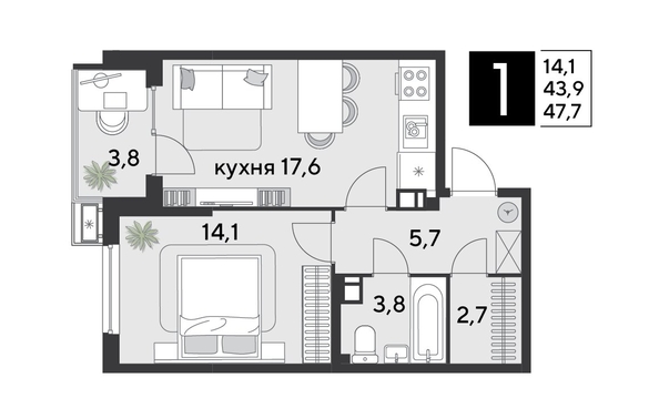 
  Продается 1-комн. квартира, 47.7 м², ЖК Парк Победы 2, литера 21
. Фото 1.