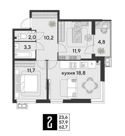 
  Продается 2-комн. квартира, 62.7 м², ЖК Парк Победы 2, литера 30
. Фото 1.