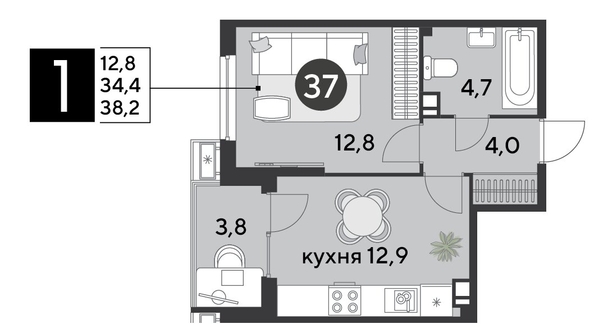 
  Продается 1-комн. квартира, 38.2 м², ЖК Парк Победы 2, литера 6
. Фото 1.