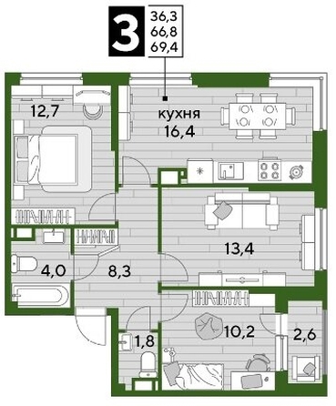 
  Продается 3-комн. квартира, 68.7 м², ЖК DOGMA PARK (Догма парк), литера 2
. Фото 1.