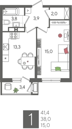 
  Продается 1-комн. квартира, 41.4 м², ЖК Рекорд 2, литера 2
. Фото 1.