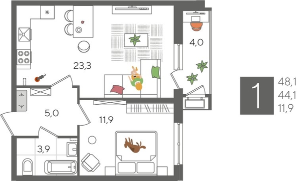 
  Продается 1-комн. квартира, 48.1 м², ЖК Рекорд 2, литера 3
. Фото 1.