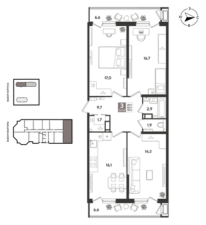 
  Продается 3-комн. квартира 94.3 м², в ЖК Рекорд 2, литера 3. Фото 2.