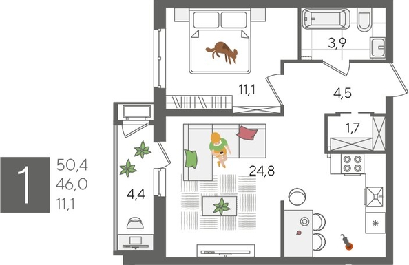 
  Продается 1-комн. квартира, 50.4 м², ЖК Рекорд 2, литера 4
. Фото 1.