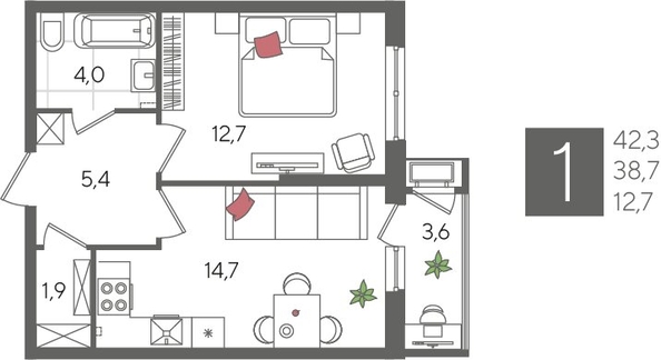
  Продается 1-комн. квартира, 42.3 м², ЖК Рекорд 2, литера 4
. Фото 1.