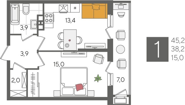 
  Продается 1-комн. квартира, 45.2 м², ЖК Рекорд 2, литера 4
. Фото 1.