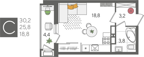 
  Продается студия, 30.2 м², ЖК Рекорд 2, литера 4
. Фото 1.