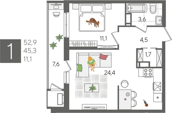 
  Продается 1-комн. квартира, 52.9 м², ЖК Рекорд 2, литера 4
. Фото 1.