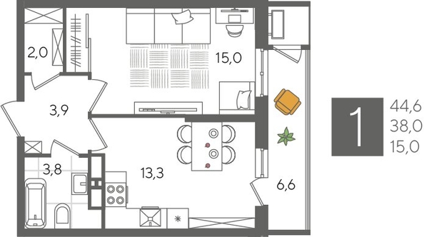 
  Продается 1-комн. квартира, 44.6 м², ЖК Рекорд 2, литера 4
. Фото 1.