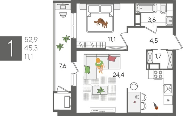 
  Продается 1-комн. квартира, 52.9 м², ЖК Рекорд 2, литера 4
. Фото 1.