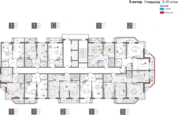 
  Продается 1-комн. квартира, 41.6 м², ЖК Рекорд 2, литера 5
. Фото 2.