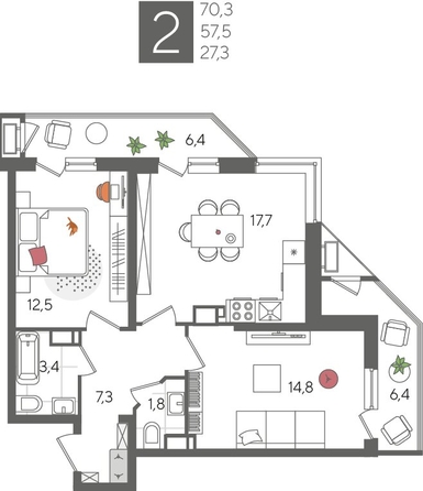 
  Продается 2-комн. квартира, 70.3 м², ЖК Рекорд 2, литера 5
. Фото 1.