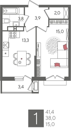 
  Продается 1-комн. квартира 41.4 м², в ЖК Рекорд 2, литера 5. Фото 1.