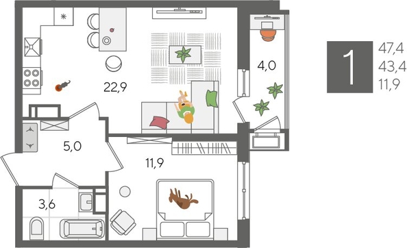 
  Продается 1-комн. квартира, 47.4 м², ЖК Рекорд 2, литера 5
. Фото 1.