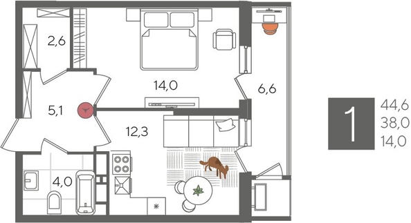 
  Продается 1-комн. квартира, 44.6 м², ЖК Рекорд 2, литера 5
. Фото 1.