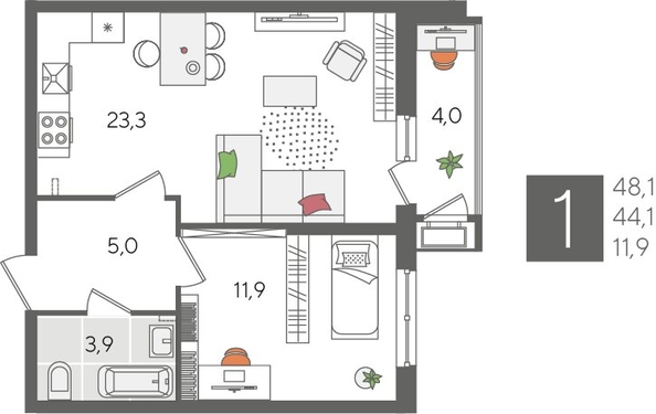 
  Продается 1-комн. квартира, 48.1 м², ЖК Рекорд 2, литера 5
. Фото 1.