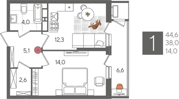 
  Продается 1-комн. квартира, 44.6 м², ЖК Рекорд 2, литера 5
. Фото 1.