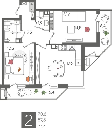 
  Продается 2-комн. квартира, 70.6 м², ЖК Рекорд 2, литера 5
. Фото 1.